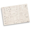 A wooden model puzzle featuring various pieces for assembling a forklift. The pieces are light in colour, arranged on a flat board.