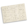 A plywood model kit featuring shark pieces, outlined for assembly, in natural wood colour. Includes a branding logo.