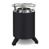 A black campfire cooker with a stainless steel top and three sturdy legs. It has a branding logo on the side.