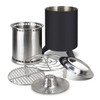 A set of stainless steel cooking components in silver and black, including a cooker, grates, and a pot.