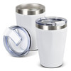 A drink bottle featuring a sleek white exterior and stainless steel trim, with a clear lid.