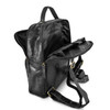 A black leather backpack with adjustable straps and multiple interior compartments. It features a logo.
