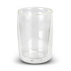A double wall glass vessel with a clear design, featuring a smooth finish and a branded logo.