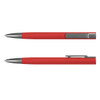 A red metal pen with a silver clip, featuring a smooth, sleek design and a metallic finish.