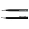 A black metal pen with a sleek silver clip and tip, featuring a modern design. It includes a logo on the body.