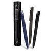 A set of three metal pens in navy, dark green, and black, presented in a cylindrical black case with a logo.