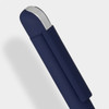 A metal pen with a navy blue body and chrome accents, featuring a logo on the side.