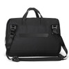 A black laptop bag with a padded exterior, dual top handles, and an adjustable shoulder strap. It features a logo.