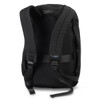 A black business backpack featuring padded shoulder straps and a sleek design. Includes a logo on the front.