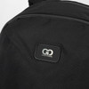 A black computer backpack featuring a textured fabric and a logo patch on the front.