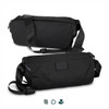 A black sling bag made from recycled materials, featuring an adjustable strap and a logo on the side.