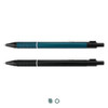 A metal pen set featuring a teal pen and a black pen, each with a sleek design and textured grip.