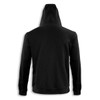 A black hoodie with a hood, featuring long sleeves and a rear view design. It has a logo on it.