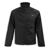 A black softshell jacket featuring a high collar and a logo, suitable for various outdoor activities.