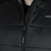 A black puffer vest featuring a zip closure and a logo on the upper right side.