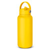A drink bottle in bright yellow with a carrying handle and a screw-on lid, featuring a logo.