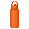 A drink bottle in bright orange featuring a handle and a secure lid. It has a logo on the body.