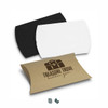 A collection of three large pillow boxes in black, white, and kraft brown with a logo on one.