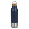 A drink bottle in navy blue with a cork stopper and a stainless steel base. It features a carry loop.