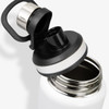 A drink bottle in white with a black lid and an opening ready for use. It features a handle and a logo.