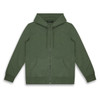 A green unisex hoodie featuring a zip front, drawstring hood, and front pockets. It also has a logo.
