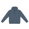 A unisex hoodie in a muted blue hue, featuring a front pocket and a hood, with a logo on the chest.