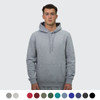 A grey unisex hoodie with a front pocket and hood, featuring a branding logo. Available in multiple colours.