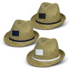 A set of three Santiago Fedora Hats in natural straw with black, navy, and white bands, featuring branding on each.