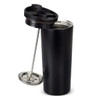 A drink bottle in matte black featuring a removable lid and a coffee press plunger inside. It includes a logo.