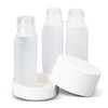 A travel bottle set featuring three clear bottles with white lids and a white base.