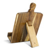 A wooden recipe book holder with a natural finish, featuring a sturdy base and a handle for easy carrying.