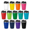 A collection of colourful coffee cups in various shades, featuring black lids and metallic bands. Each cup has a unique colour.
