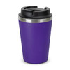 A purple coffee cup with a black lid and stainless steel band, featuring a logo on the side.