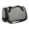 A grey duffle bag with black accents, featuring dual handles and a removable shoulder strap. It has a logo on the side.