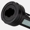 A black carpenter's pencil sharpener with a multi-faceted opening for sharpening pencils. It features a sleek design.