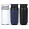 A drink bottle set featuring three vacuum cups in white, navy blue, and black, with a sleek design and lids.