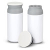 A drink bottle set featuring two white vacuum cups with grey lids, one with the lid removed.