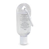 A clear 30ml hand sanitiser bottle with a carabiner attached. The bottle features a white flip-top cap.