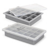 A grey ice tray with a lid, featuring multiple compartments for ice cubes. Includes a logo on the lid.
