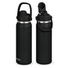 A drink bottle in matte black with a screw-on lid and a carry handle, featuring a logo.