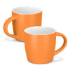 A set of two orange coffee mugs with smooth finishes and white interiors, featuring a logo on one.