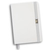 A white notebook with an elastic band and a decorative closure. Features a logo on the cover.