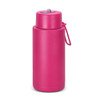 A drink bottle in vibrant pink, featuring a lid with a spout and a loop for easy carrying, includes a logo.