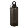 A drink bottle in matte black with a screw top and a metal carabiner for easy attachment.