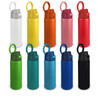 A drink bottle collection featuring various colours, including white, yellow, orange, pink, red, green, teal, blue, and black, with a logo.