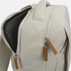 A cream-coloured backpack featuring dual zippers and a textured interior lining. It has a logo on the exterior.