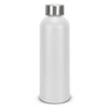 A drink bottle in matte white aluminium with a silver stainless steel cap and a logo.