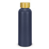 A drink bottle in navy blue with a wooden cap. It features a simple design and has a logo on the side.