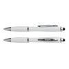 A stylus pen in white with silver accents, featuring a logo. Two pens are displayed.