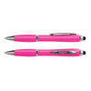A pink stylus pen with a shiny silver clip and detailing, featuring a dual-tip design.